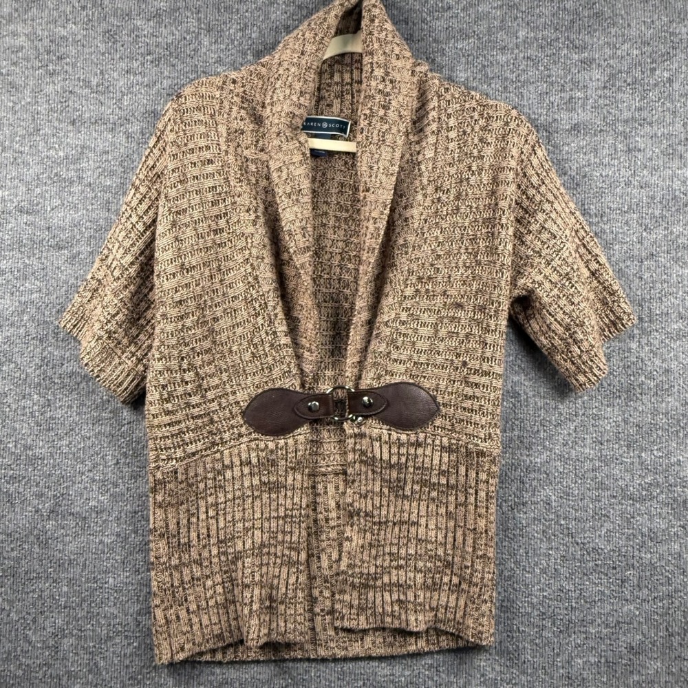 Karen Scott Women Small Brown Marled SS Shawl Collar Toggle Cardigan Cottagecore